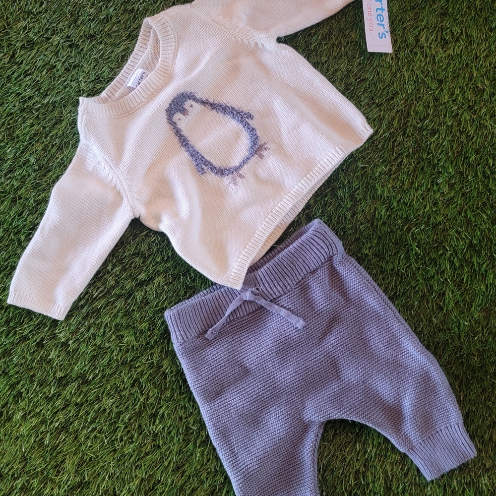 Carter's 3 Month Cream and Gray SWEATER Baby Boy Penguin Set